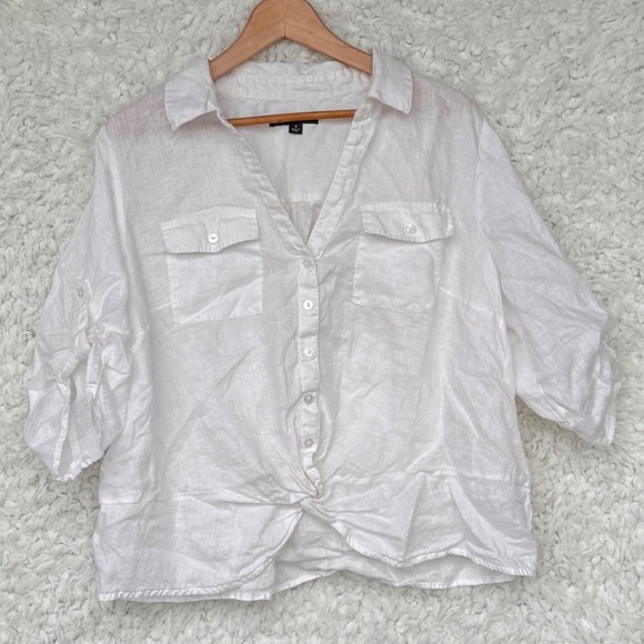 INC International Concepts White Linen Button Crop Knot Top Blouse Plus Size 1X - Picture 1 of 6